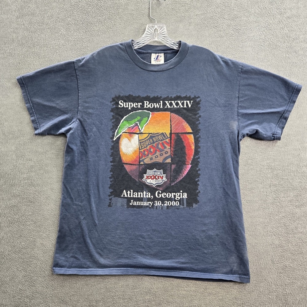 VINTAGE Superbowl 34 Men Shirt L Blue Graphic Print Super Bowl Peach READ